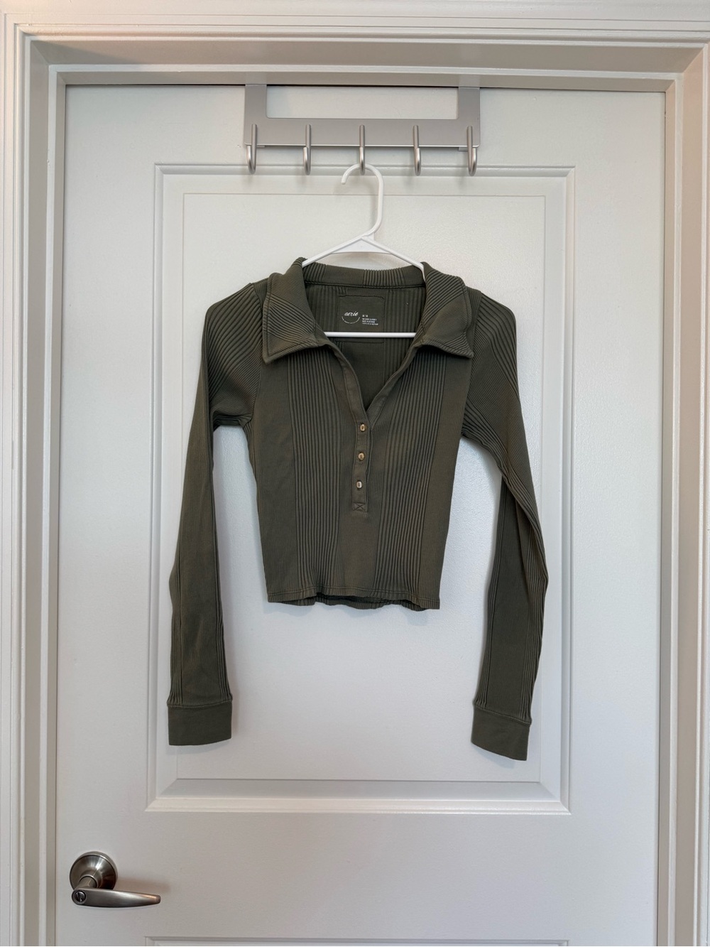 Aerie Olive Ribbed Henley Long Sleeve Crop Top